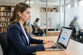 Femme professionnelle accédant à un extranet universitaire sur un ordinateur portable dans un bureau moderne