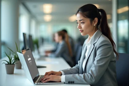 Femme professionnelle connectée à sa messagerie universitaire Mail AC Strasbourg sur un ordinateur portable dans un bureau moderne