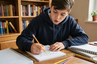 Adolescent qui dessine un cube en 3D sur un cahier quadrillé pour mémoriser la formule du volume