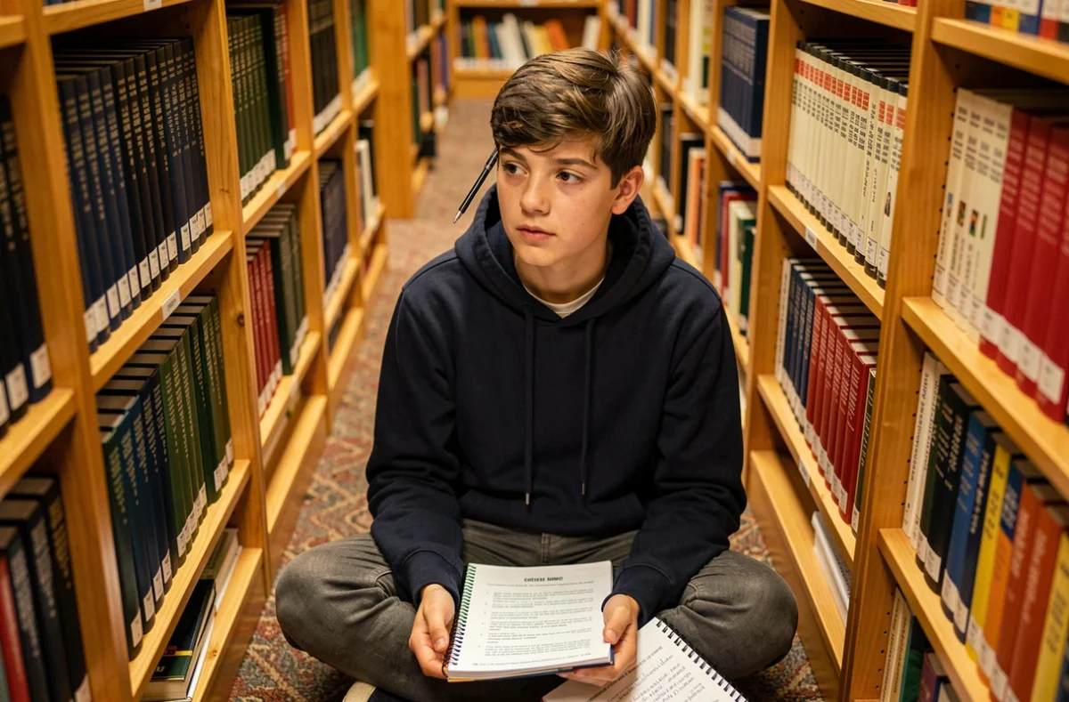 Adolescent révisant les classes grammaticales avec un cahier d'exercices corrigés dans une bibliothèque