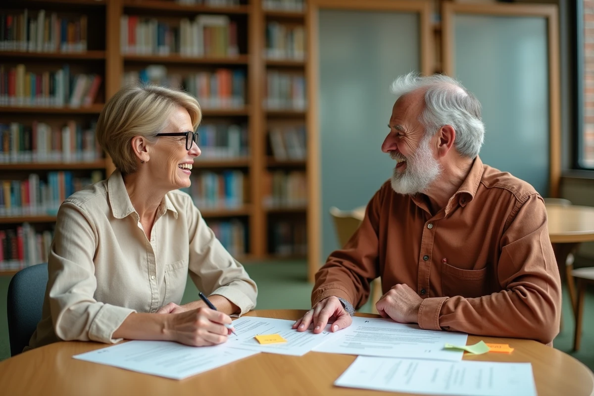 Deux adultes pratiquant la conversation française ensemble dans une bibliothèque publique avec des fiches de dialogue imprimées