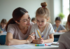 Un adulte soutenant un jeune élève en classe lumineuse