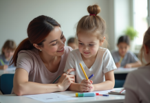 Un adulte soutenant un jeune élève en classe lumineuse