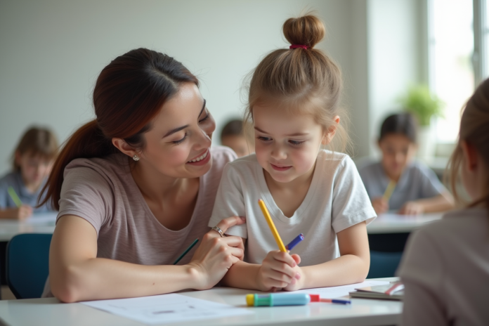 Un adulte soutenant un jeune élève en classe lumineuse