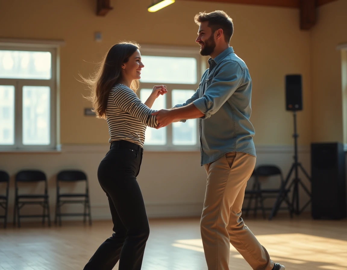 Deux amis pratiquant les pas de la danse Madison en décalé dans une salle communautaire, riant de leurs erreurs