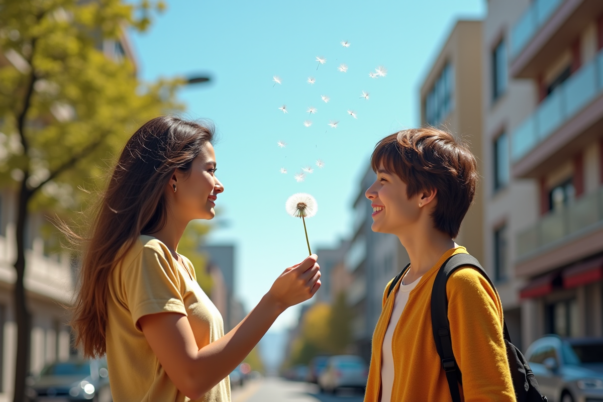 Deux amis faisant un vœu avec une pissenlit en ville