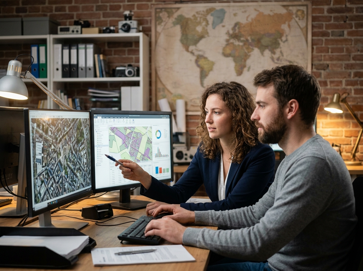 Deux analystes en géomatique collaborant devant des écrans affichant une orthophoto aérienne et un tableau de bord de données vectorielles