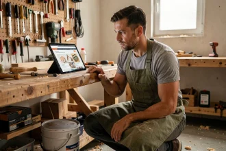 Homme adulte apprenant le bricolage grâce à une plateforme en ligne sur tablette dans un atelier maison en 2026