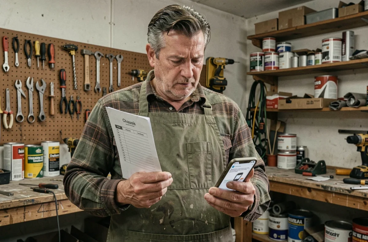 Artisan vérifiant les avis clients d'un site de bricolage depuis son atelier