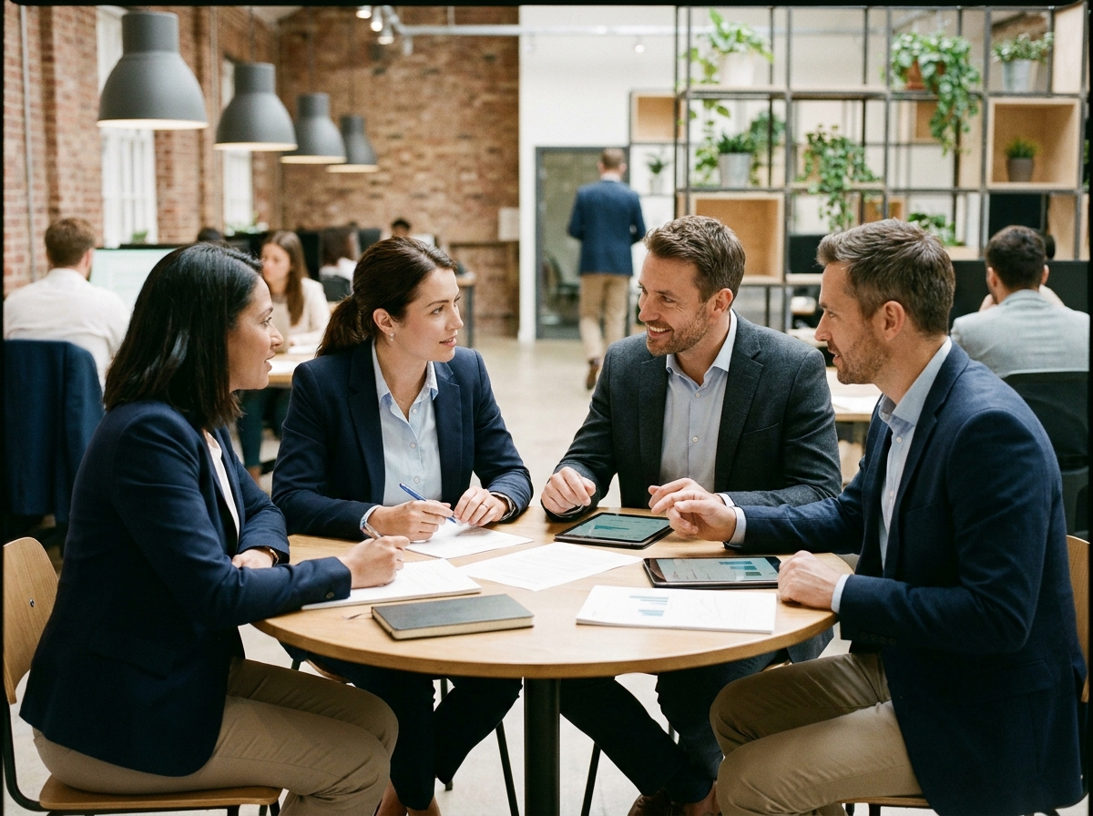 Groupe de professionnels participant à un atelier de développement des compétences en management dans un espace de coworking