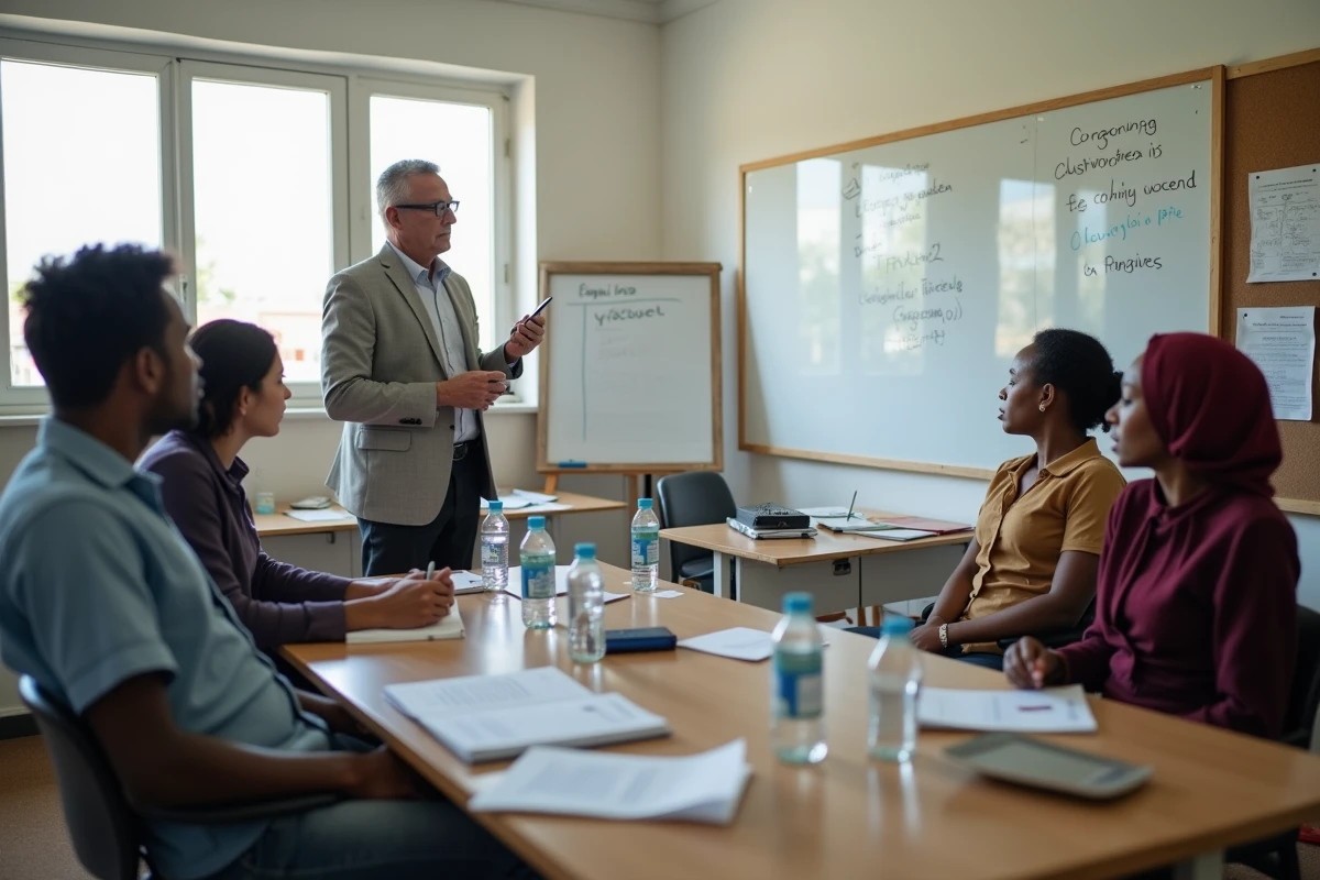 Atelier de formation professionnelle pour personnes sans papiers animé par une ONG avec un groupe multiculturel