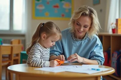 ATSEM en blouse bleue guidant un enfant dans une activité de découpage en classe maternelle