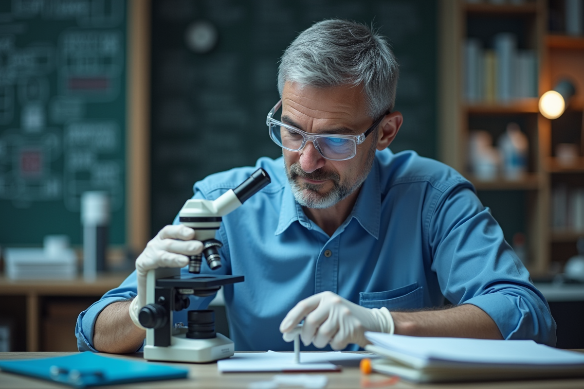 Biologiste examinant des lames au microscope dans un laboratoire