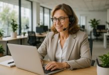 Photo d'un bureau moderne ouvert avec une femme d'affaires confiante