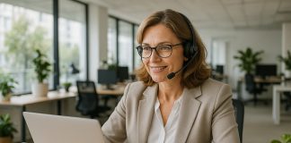 Photo d'un bureau moderne ouvert avec une femme d'affaires confiante