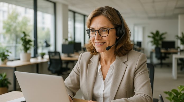 Photo d'un bureau moderne ouvert avec une femme d'affaires confiante