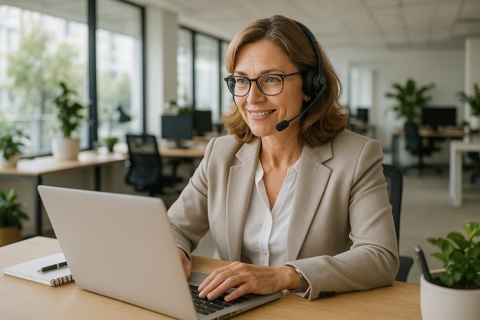 Photo d'un bureau moderne ouvert avec une femme d'affaires confiante