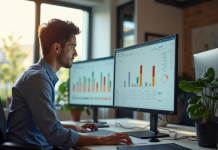 Espace de travail moderne avec un professionnel et un grand écran