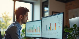 Espace de travail moderne avec un professionnel et un grand écran