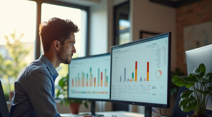 Espace de travail moderne avec un professionnel et un grand écran