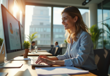 Femme professionnelle souriante au bureau moderne