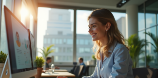 Femme professionnelle souriante au bureau moderne