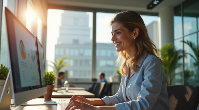 Femme professionnelle souriante au bureau moderne