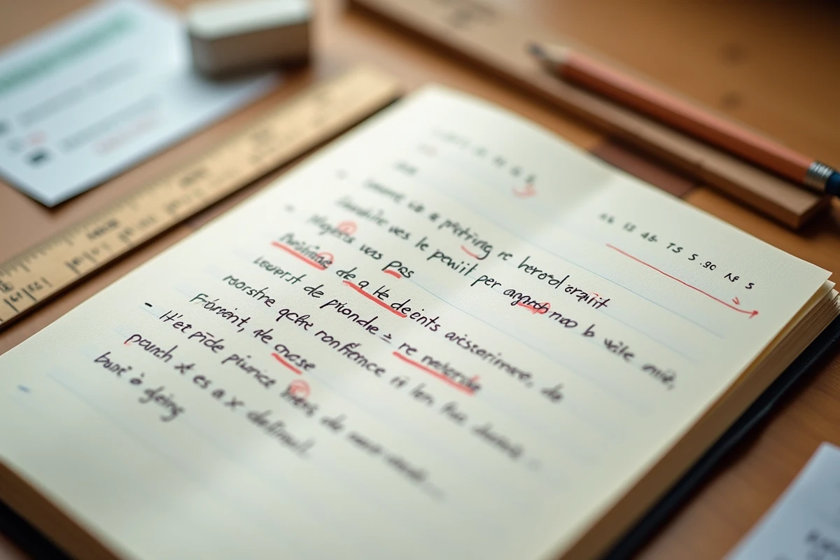 Cahier d'exercices ouvert sur un bureau en bois avec des phrases de dictée manuscrites et des corrections d'accords en rouge au stylo, règle en bois et gomme à côté