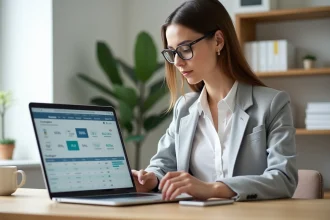 Femme analyste marketing calculant le coût par contact actif d'un abonnement emailing sur un ordinateur portable