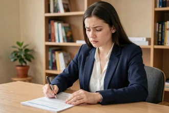 Jeune femme concentrée révisant un exercice de recrutement Scolinfo à son bureau avec un livret d'examen et un stylo