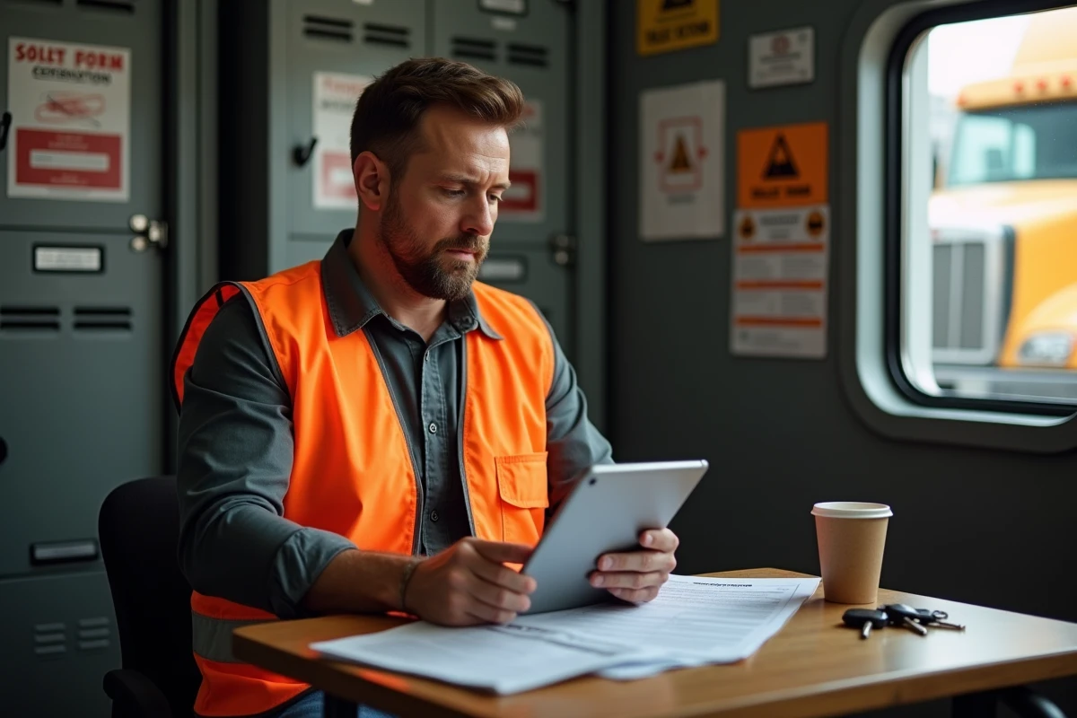 Chauffeur routier consultant une formation FIMO en ligne sur tablette dans une salle de pause de transport