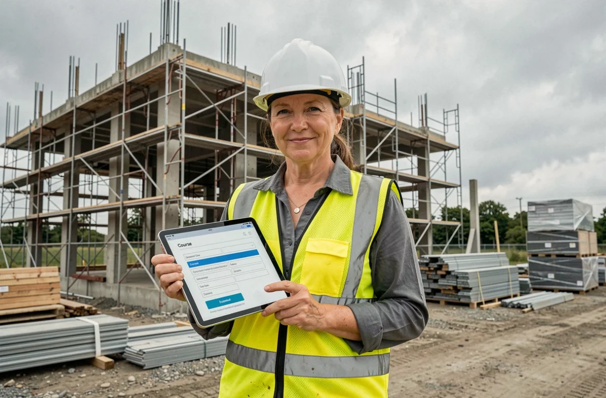 Femme cheffe de chantier consultant une plateforme de certification BTP sur une tablette sur un chantier de construction