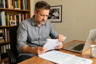 Homme consultant des documents administratifs pour son inscription à Pôle emploi en tant que chômeur non indemnisé