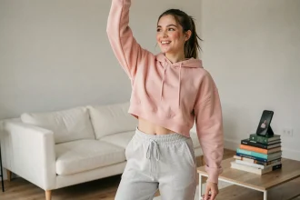 Jeune femme reproduisant une chorégraphie TikTok tendance dans son salon moderne, téléphone en mode enregistrement en arrière-plan