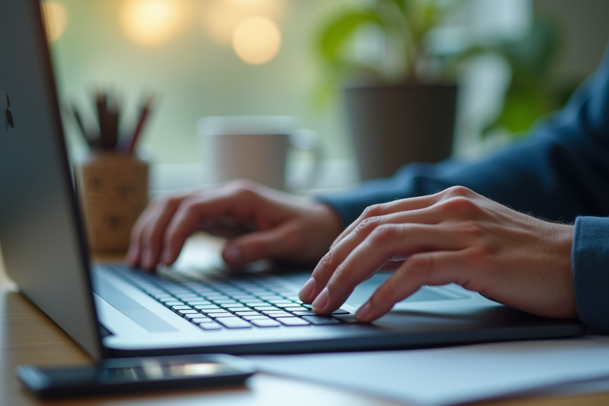 Mains tapant sur clavier ordinateur avec tasse de cafe