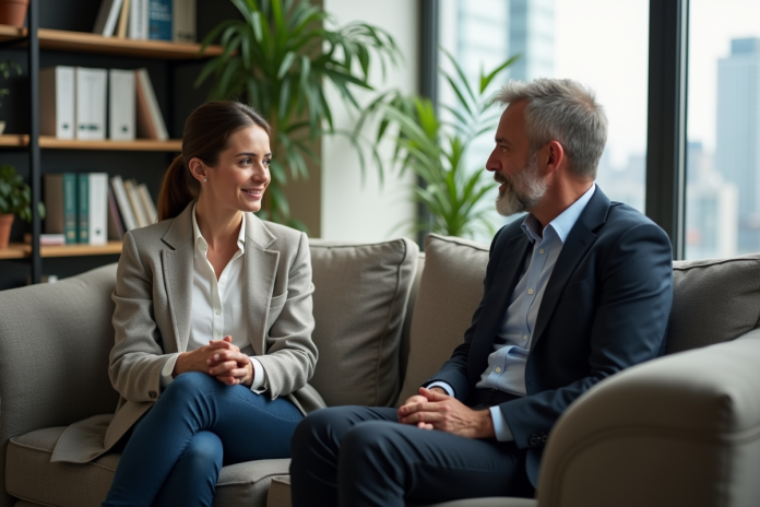 coach-conversation-bureau Femme en business casual en discussion avec un coach dans un bureau lumineux