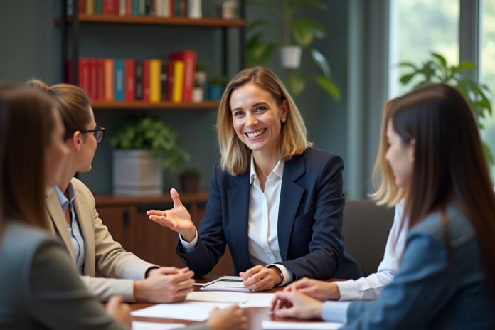 Coach femme en réunion d'affaires dynamique et positive