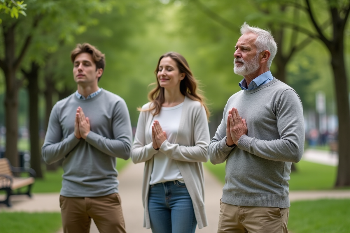Coach bien-être guidant exercice en plein air dans un parc