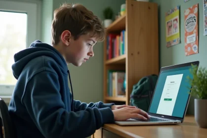 Collégien connecté à son espace numérique scolaire sur un ordinateur portable depuis sa chambre