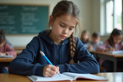 Collégienne qui révise les conjugaisons espagnoles dans un cahier en classe