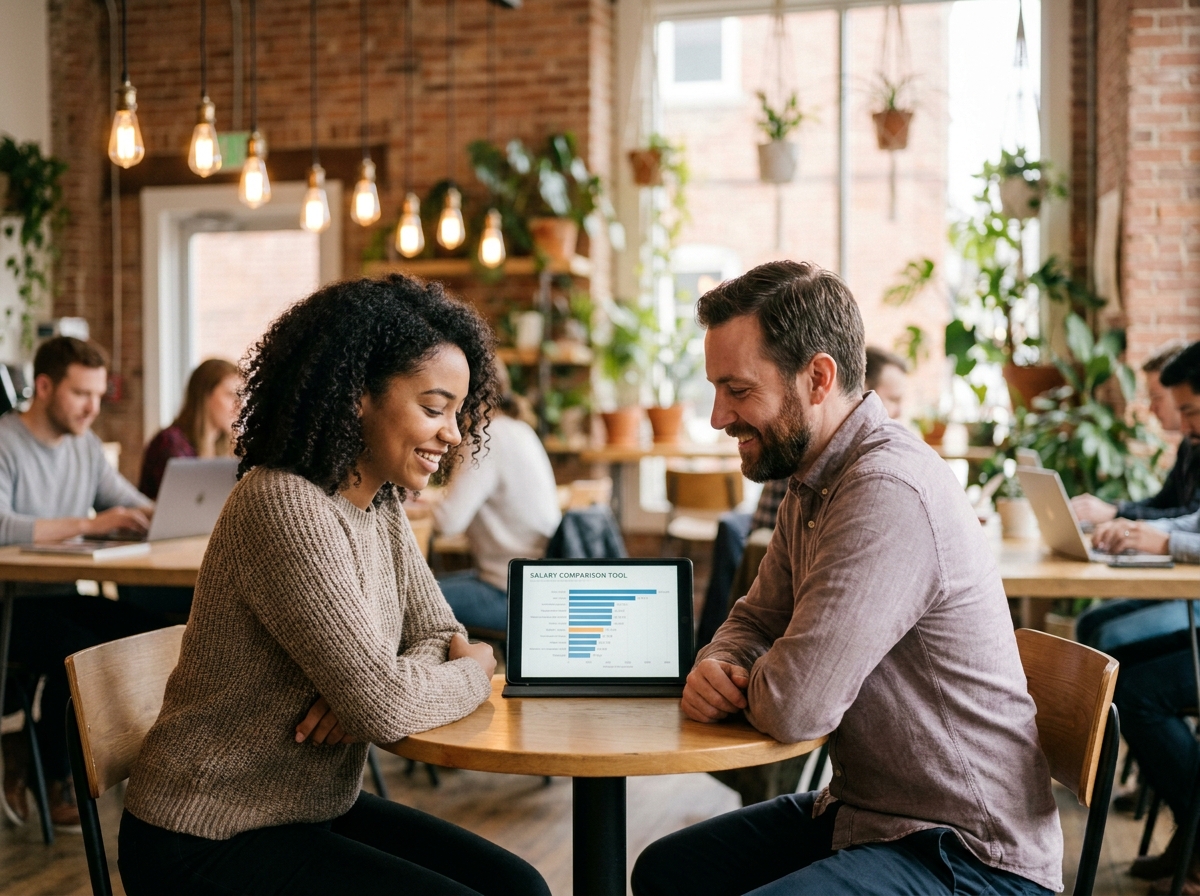 Deux collègues discutant d'un outil de comparaison salariale sur une tablette dans un espace de coworking