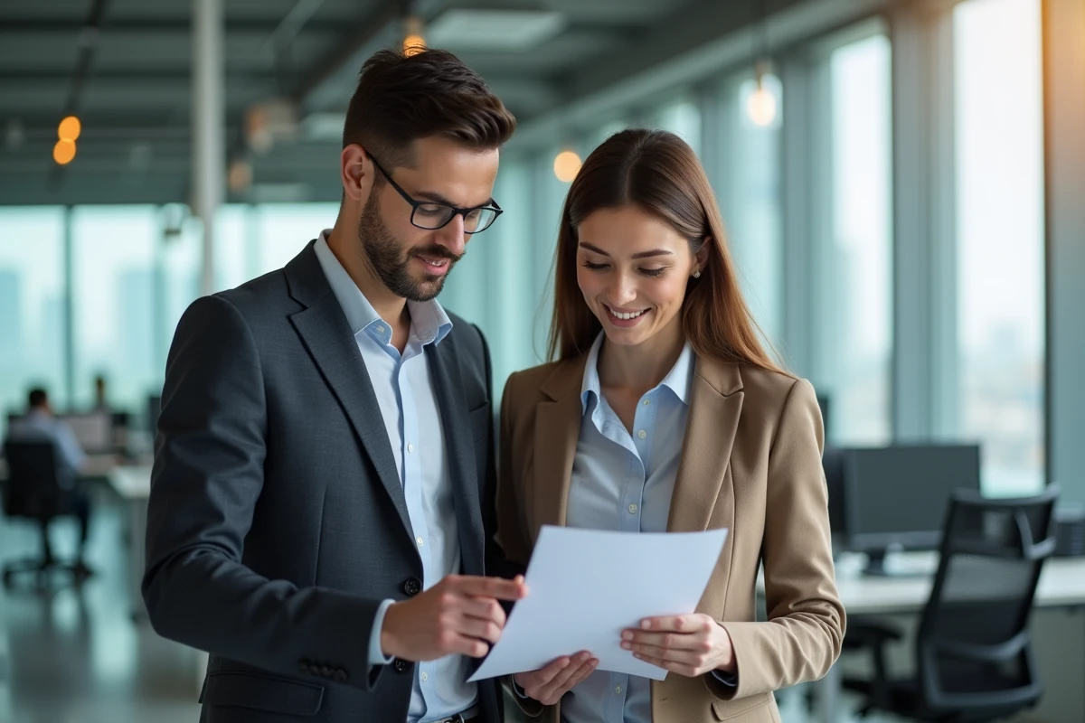 Deux collègues discutant d'une lettre de recommandation professionnelle dans un open space