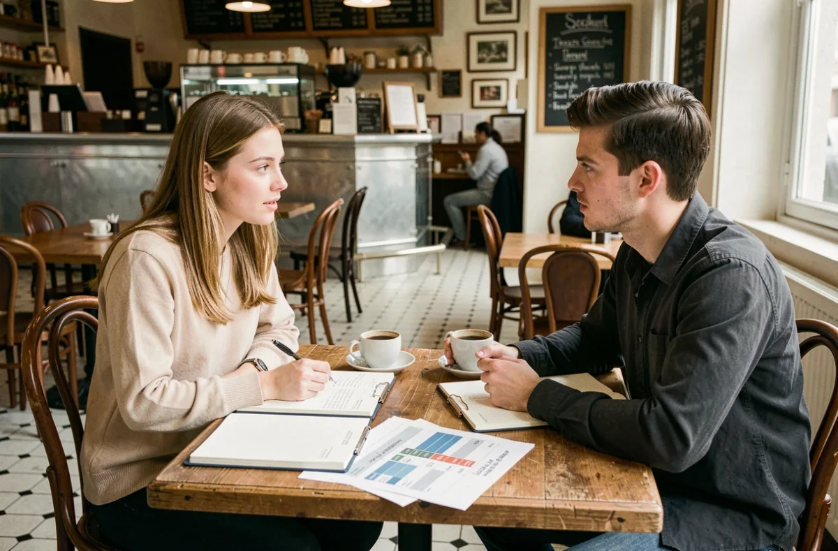 Deux étudiants en master comparant les avantages financiers de l'alternance et du stage dans un café parisien