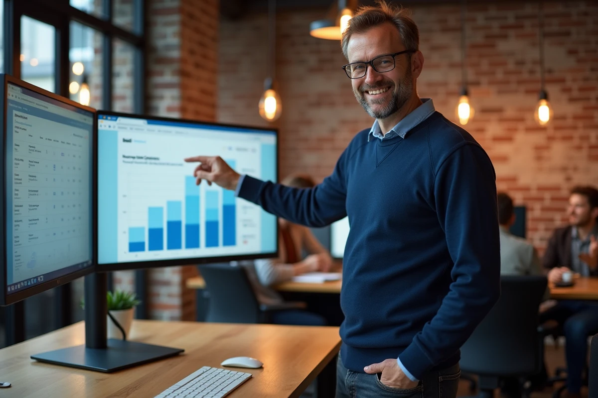 Entrepreneur comparant les prix des abonnements emailing sur un écran dans un bureau moderne en open space