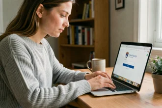 Jeune femme connectée à un portail ENT sur son ordinateur portable depuis son bureau à domicile