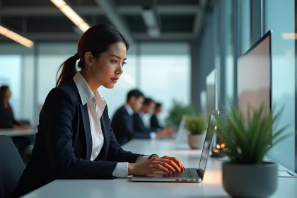Femme professionnelle se connectant à son espace personnel depuis un ordinateur de bureau au travail avec une expression prudente