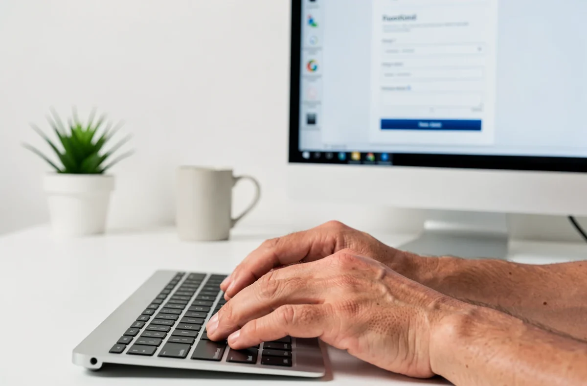 Mains sur un clavier pour se connecter à l'espace extranet ESG depuis un bureau à domicile