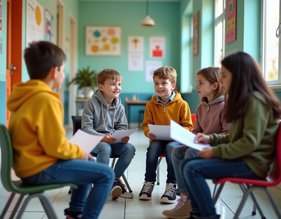 Groupe d'élèves de CM2 réunis en conseil de classe dans le couloir de leur école primaire