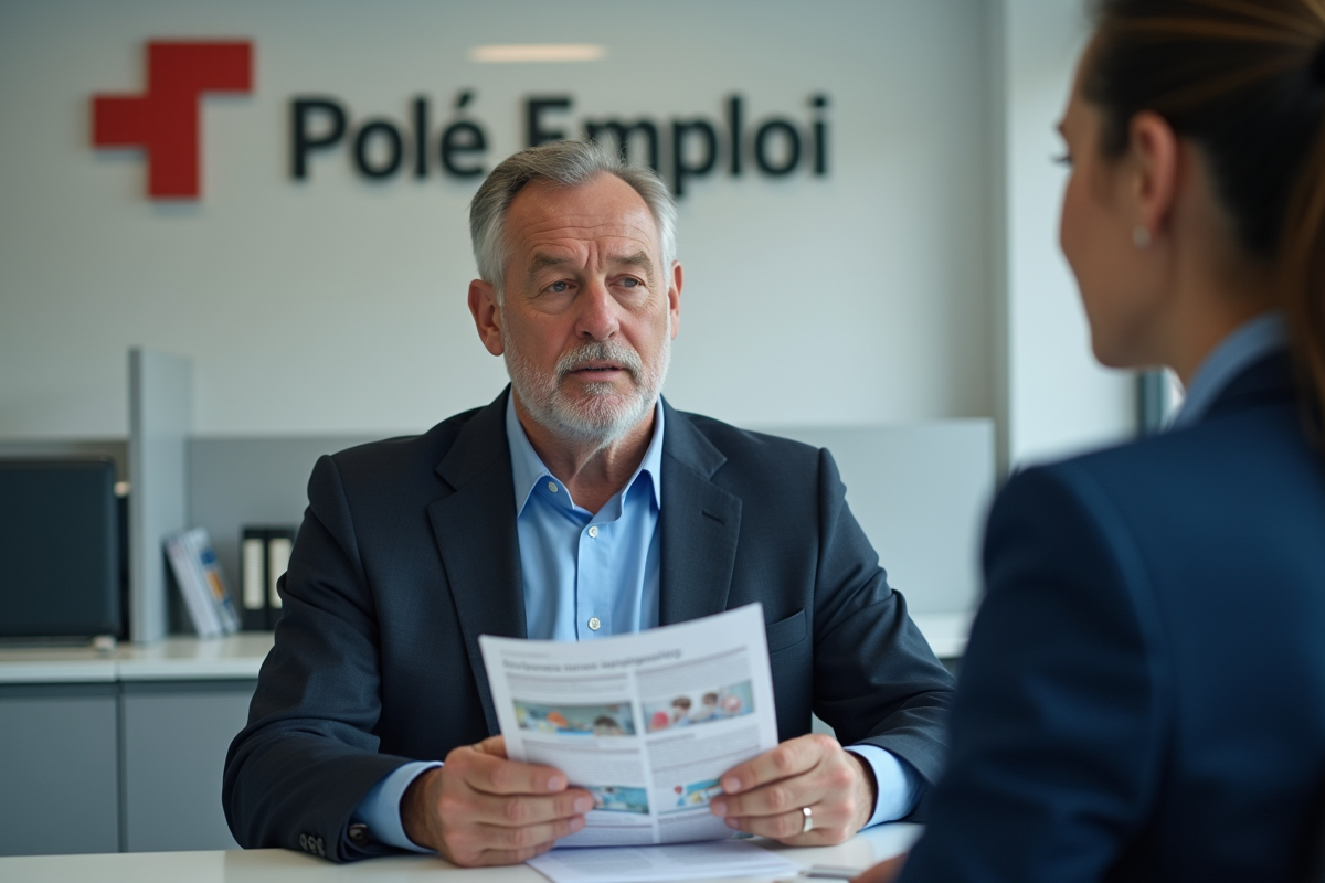 Homme discutant avec un conseiller Pôle Emploi dans un espace d
