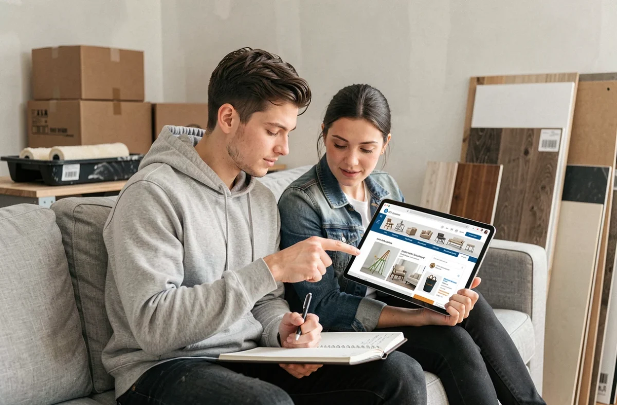 Couple comparant les offres d'un site de bricolage sur tablette avant un achat important